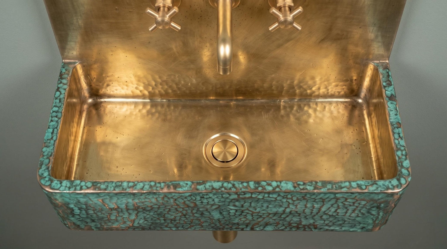Brass Floating Sink with Green Patina, Smooth Rectangular Wall Mounted Washbasin, Vintage Industrial Rustic Vanity