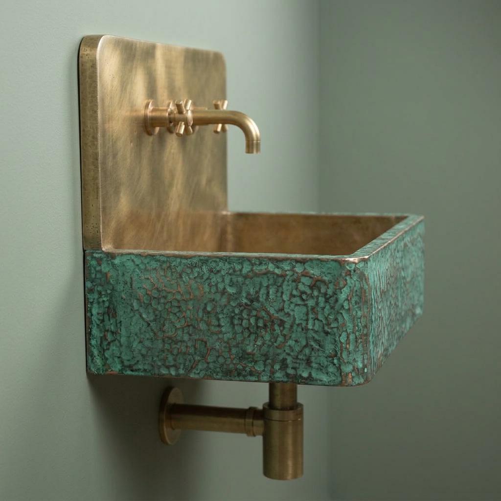 Brass Floating Sink with Green Patina, Smooth Rectangular Wall Mounted Washbasin, Vintage Industrial Rustic Vanity
