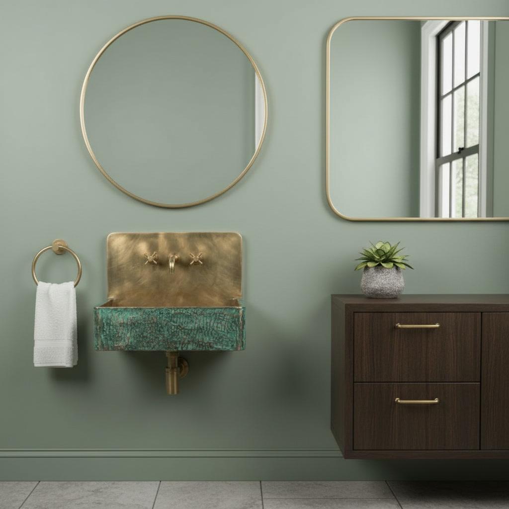 Brass Floating Sink with Green Patina, Smooth Rectangular Wall Mounted Washbasin, Vintage Industrial Rustic Vanity