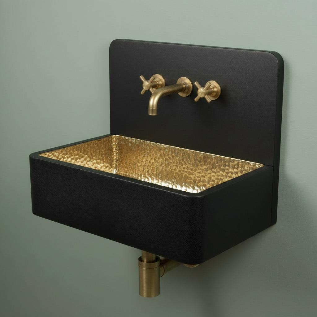 Brass Sink, Black Wall Mounted Basin, Floating Rectangular Washbasin, Hammered Brass Vanity Bowl, Industrial Sink