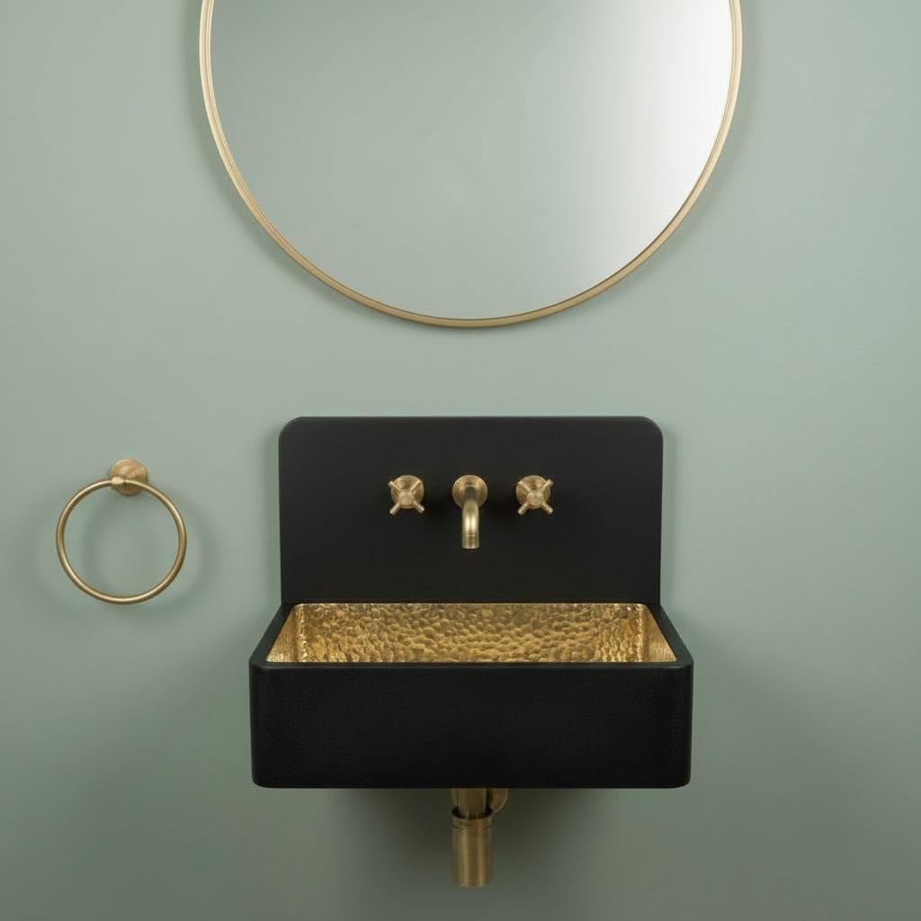 Brass Sink, Black Wall Mounted Basin, Floating Rectangular Washbasin, Hammered Brass Vanity Bowl, Industrial Sink