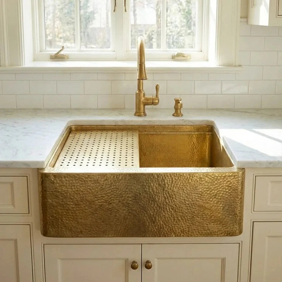 Hammered Brass Farmhouse Apron-Front Sink with Drain Grid