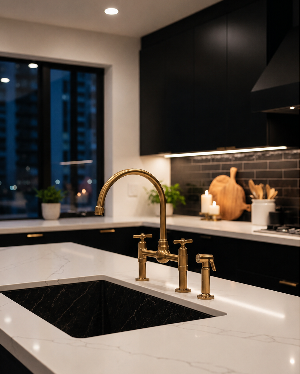 Handmade Brass Kitchen Faucet - Dual Handle Center Ball Bridge Sink Faucet
