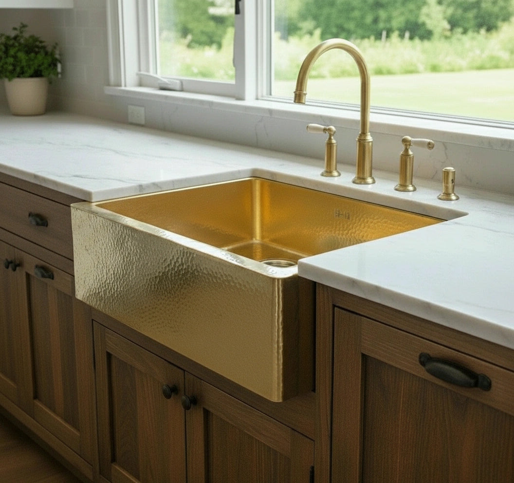 Hammered Brass Farmhouse Sink – Apron Brass Front Basin with Towel Bar