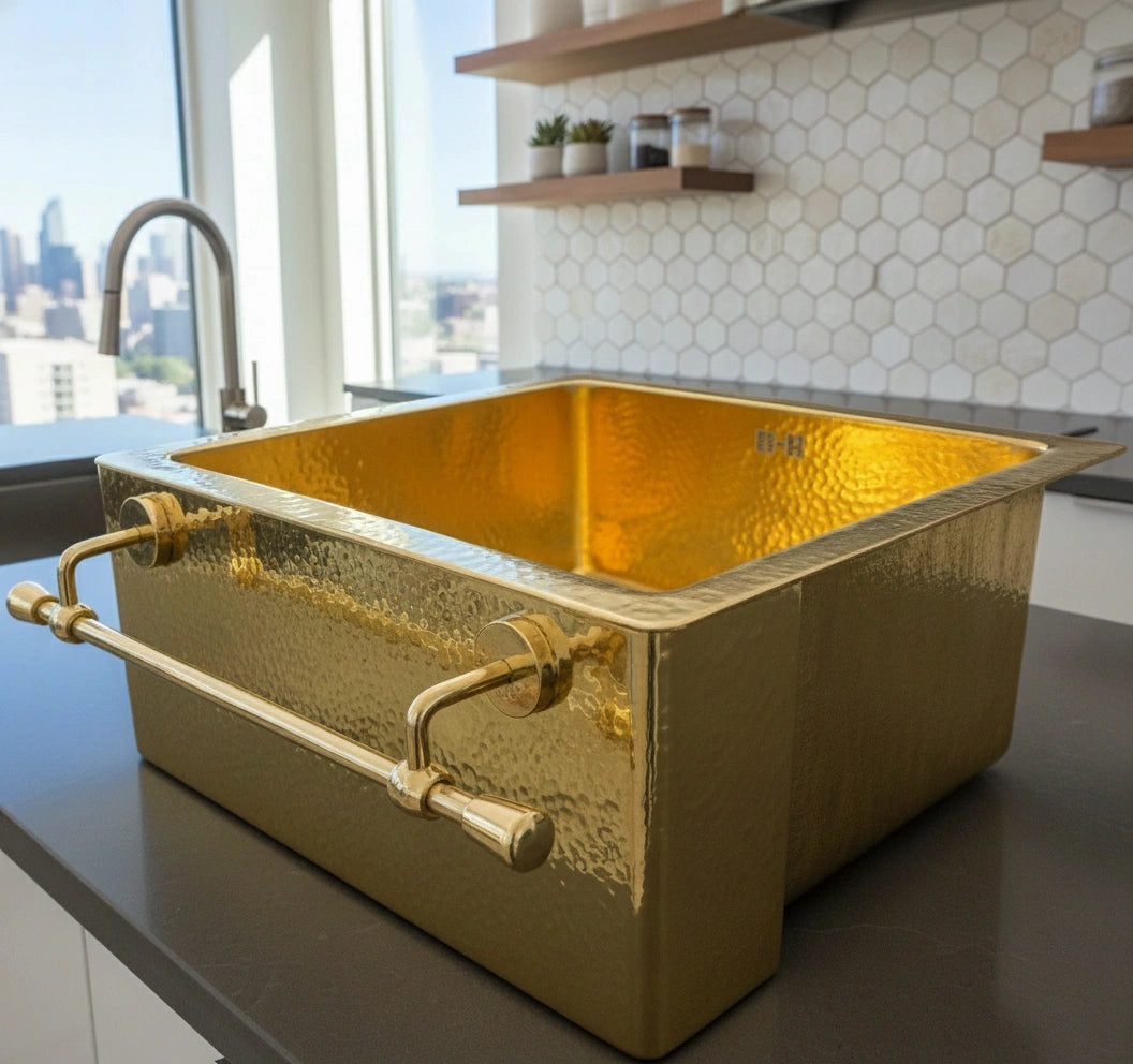 Hammered Brass Farmhouse Sink – Apron Brass Front Basin with Towel Bar