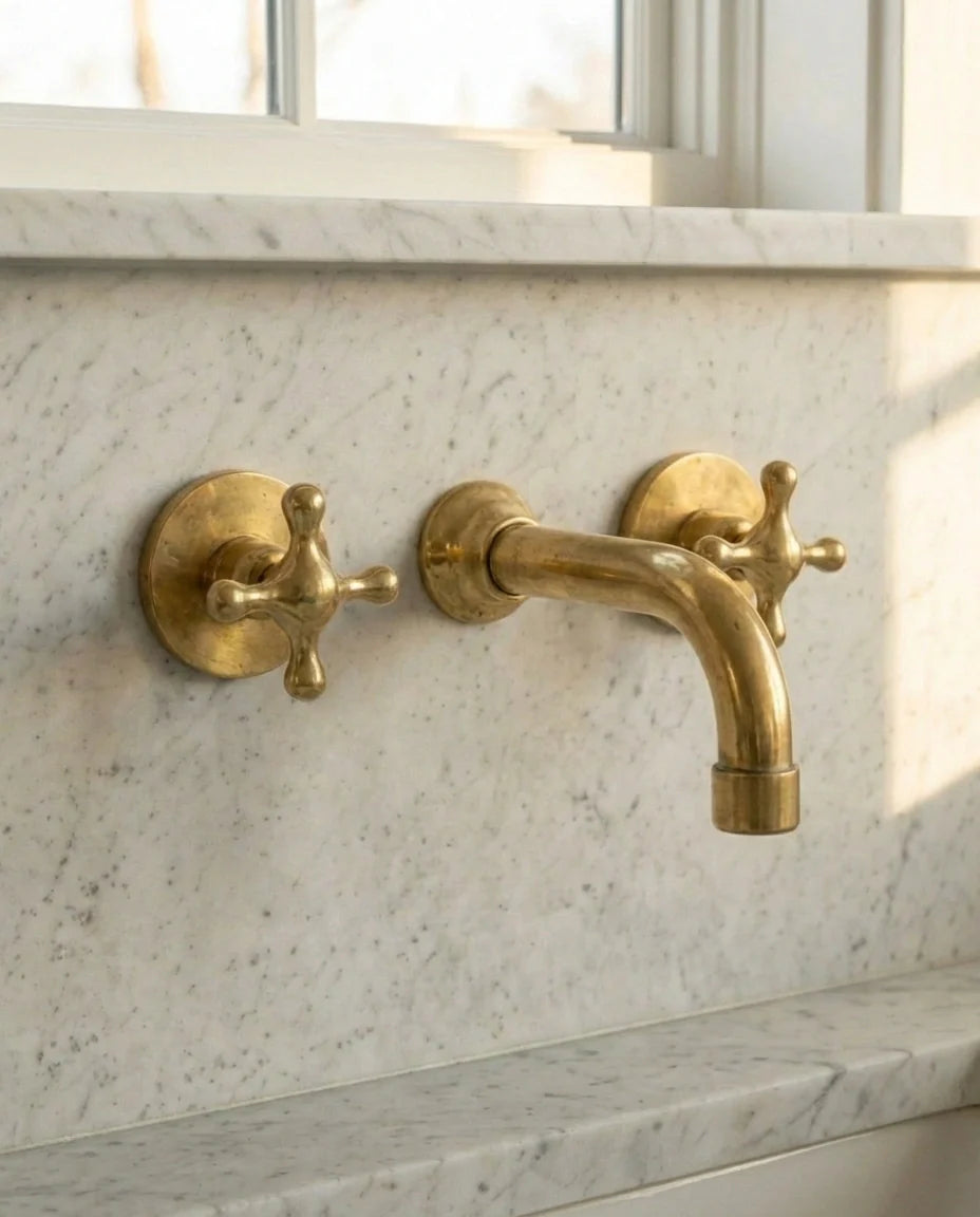 Three Hole Wall Mounted Brass Faucet with Cross Handles