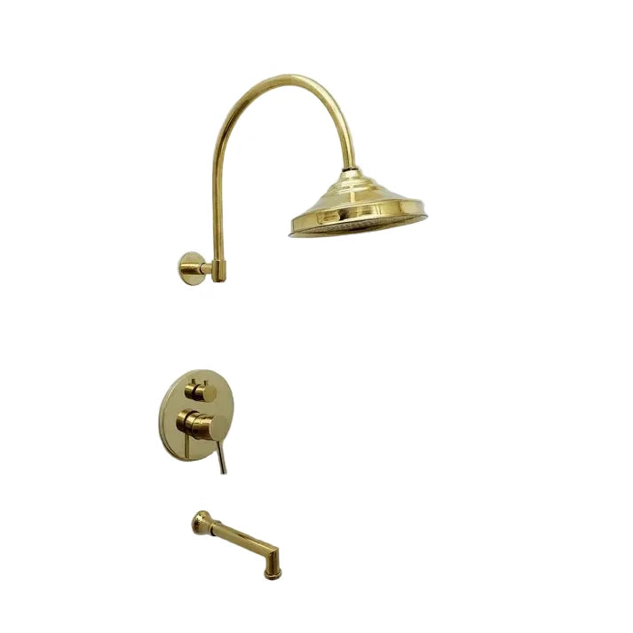 Brasska Unlacquered Brass Shower System with Tub Filler, Round Rain Shower Head, and Arcuate Arm