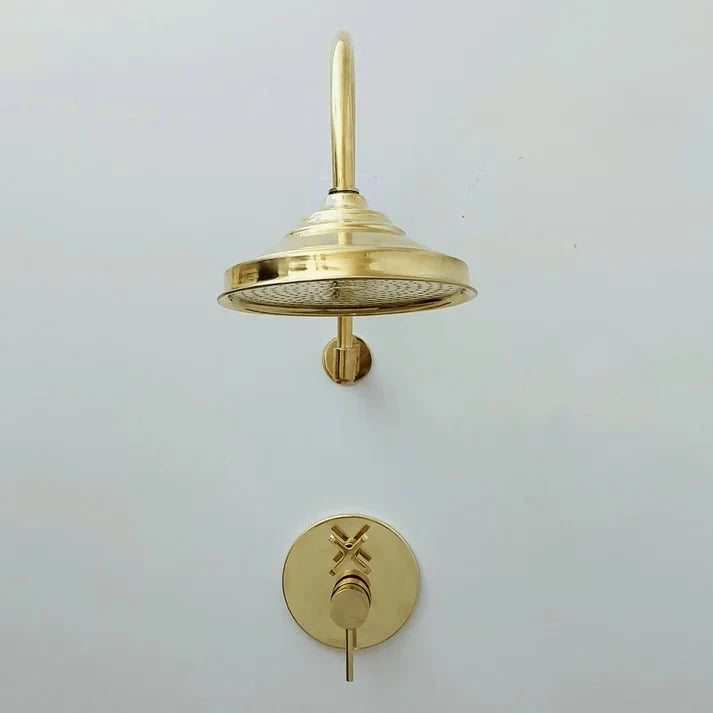 Brasska Unlacquered Brass Shower System with Tub Filler, Round Rain Shower Head, and Arcuate Arm