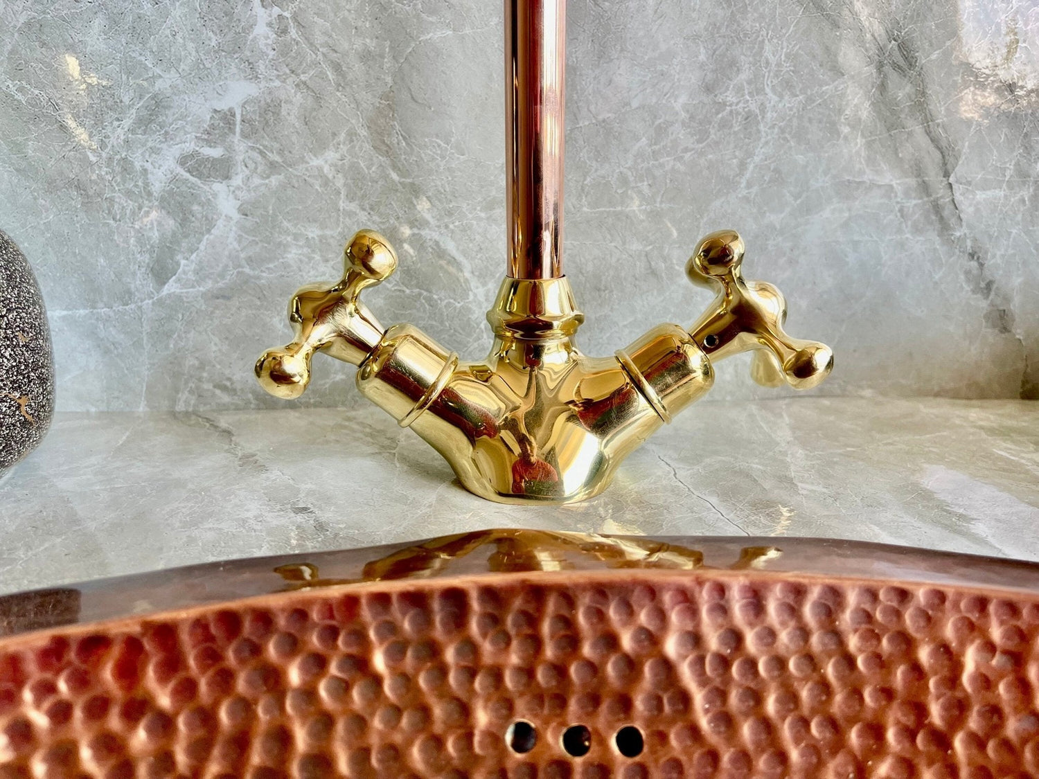 Copper & Brass Gooseneck Faucet - Single Hole Mixer with Cross Handles