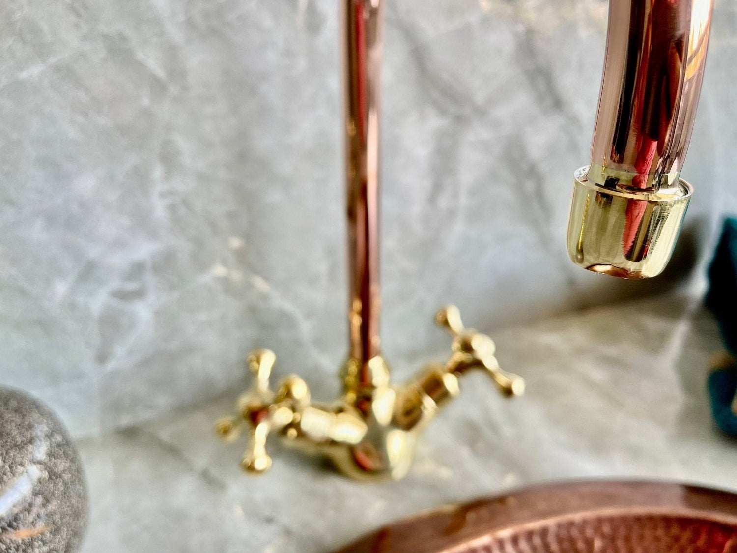 Copper & Brass Gooseneck Faucet - Single Hole Mixer with Cross Handles