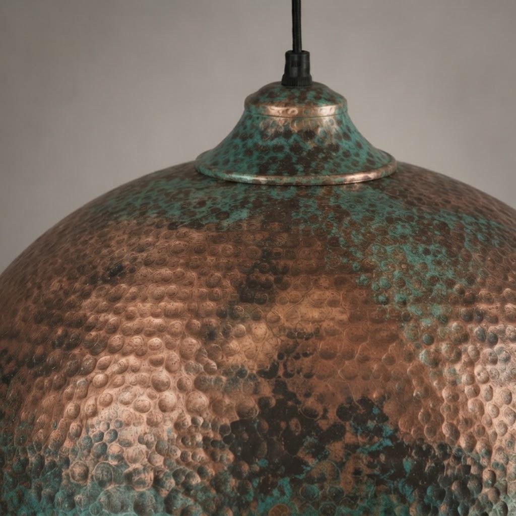 Copper Dome Pendant Light, Blue Green Patina Ceiling Lamp, Handmade Hammered Kitchen Island Fixture, Mediterranean Rustic Hanging Light