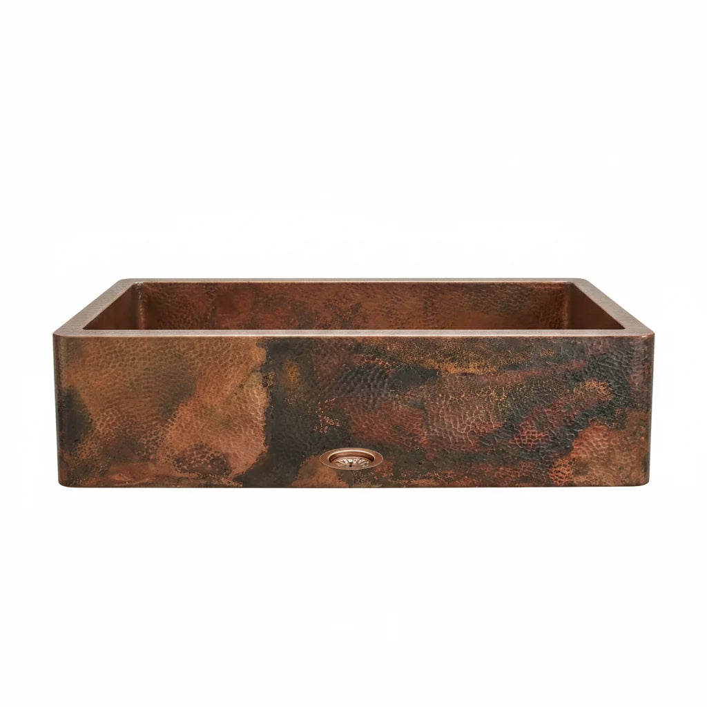 Copper Farmhouse Double Bowl Kitchen Sink with Rustic Apron