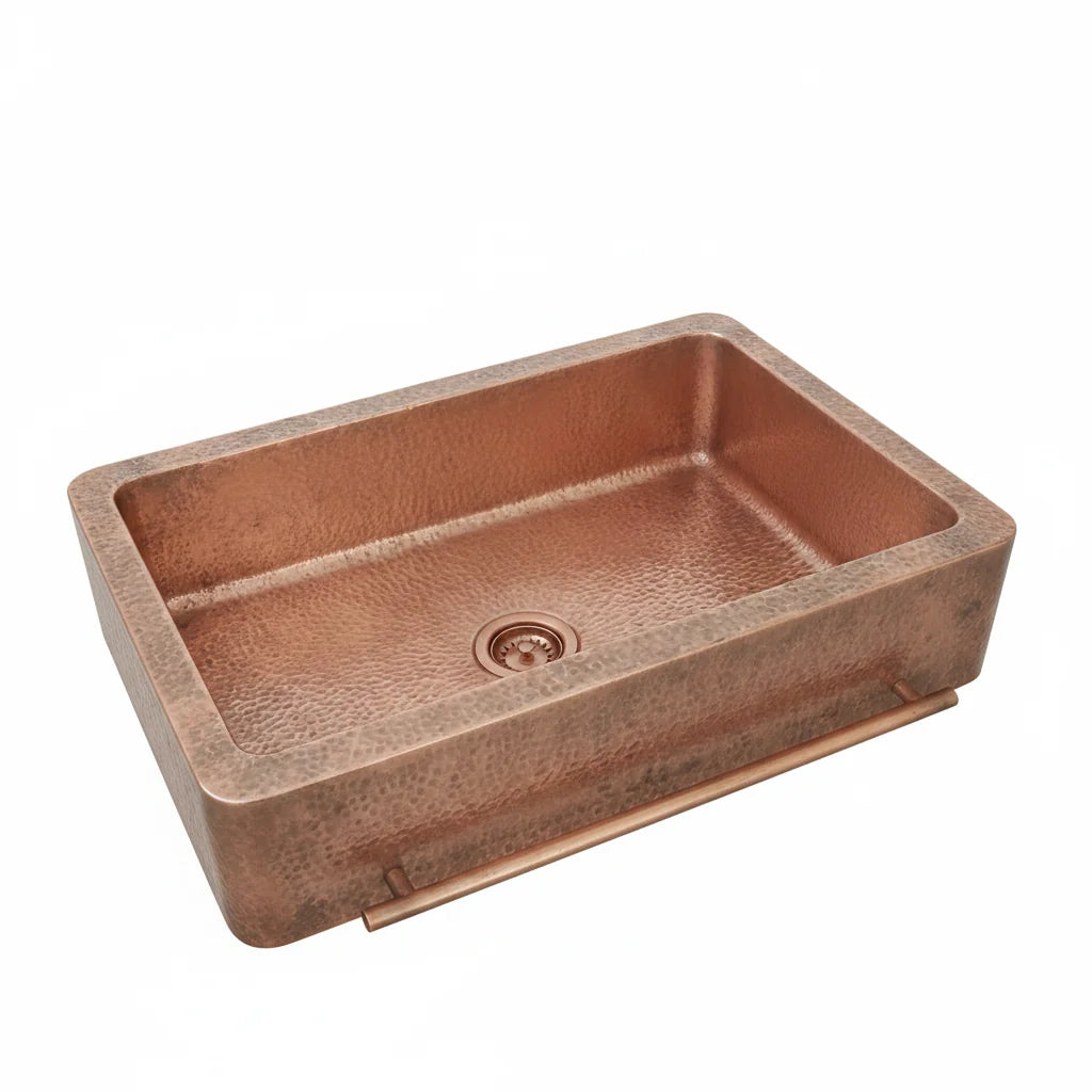 Hammered Copper Apron Front Sink with Towel Bar for Kitchen
