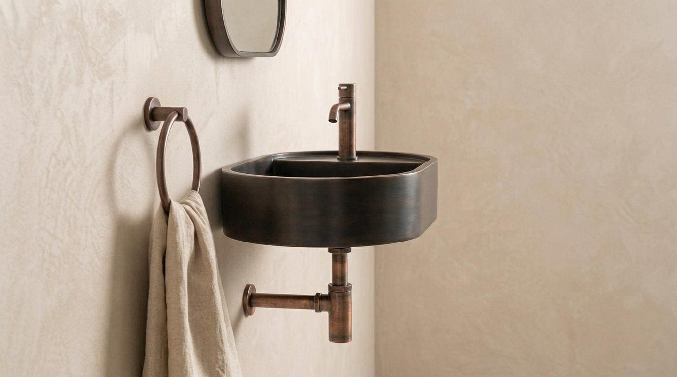 Copper Vessel Sink, Floating Wall Mount Washbasin - Oil Rubbed Bronze Basin, Smooth Powder Room Sink, Industrial Bath Decor
