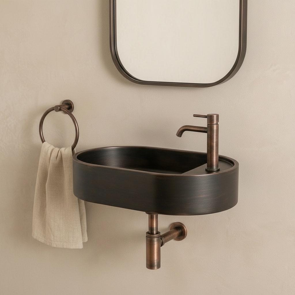 Copper Vessel Sink, Floating Wall Mount Washbasin - Oil Rubbed Bronze Basin, Smooth Powder Room Sink, Industrial Bath Decor