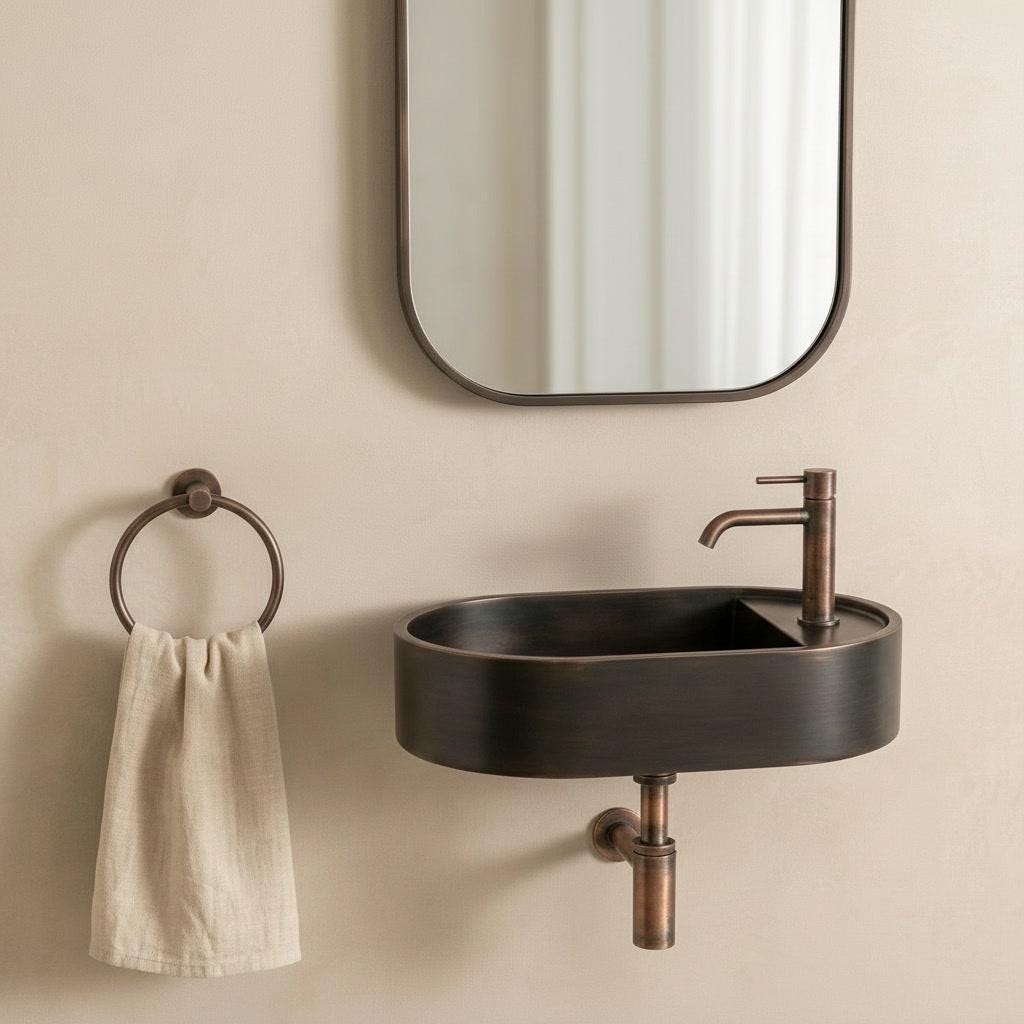 Copper Vessel Sink, Floating Wall Mount Washbasin - Oil Rubbed Bronze Basin, Smooth Powder Room Sink, Industrial Bath Decor
