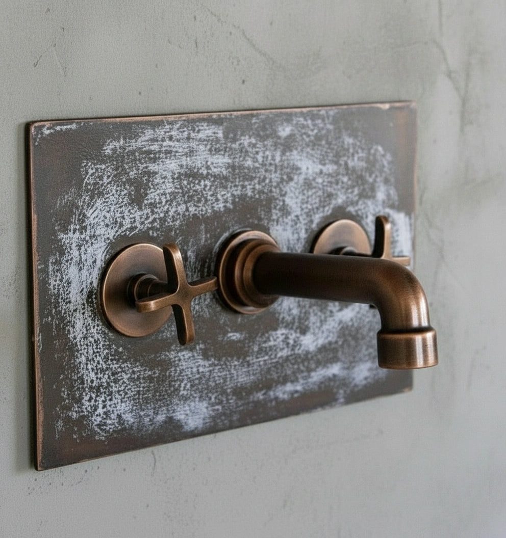 Aged Copper Wall Sink – White Patina Half Bowl Bathroom Basin with Faucet