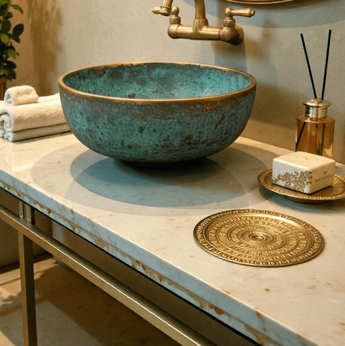 green patina copper vessel sink