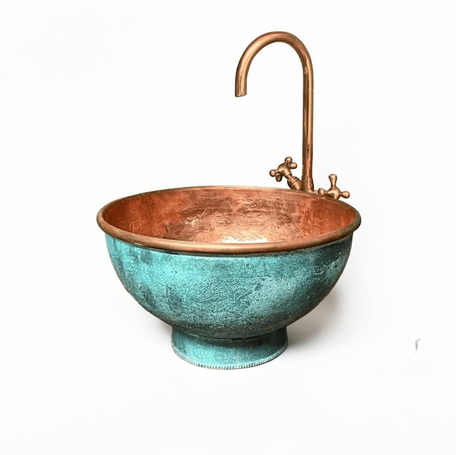 Pedestal green patina copper vessel sink