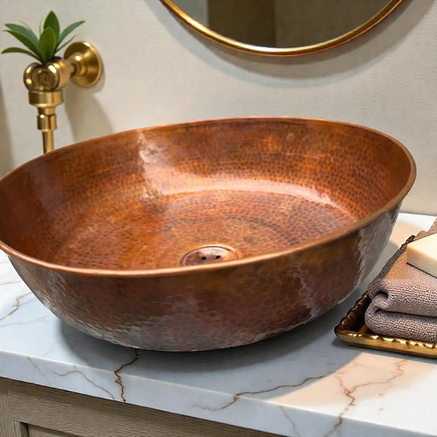 Round hammered copper vessel sink