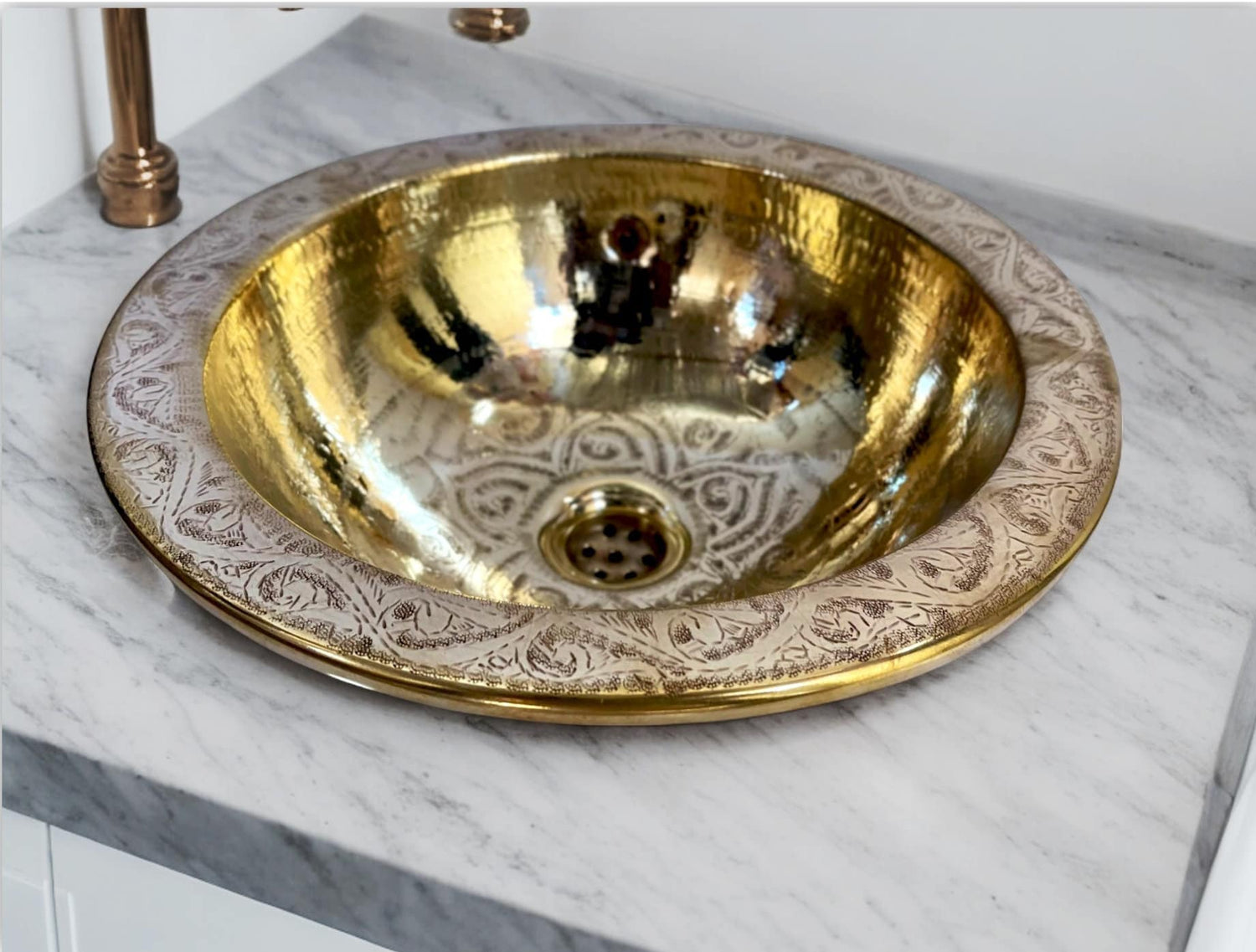 Custom Engraved Brushed Brass Sink - Round Unlacquered Bathroom Basin