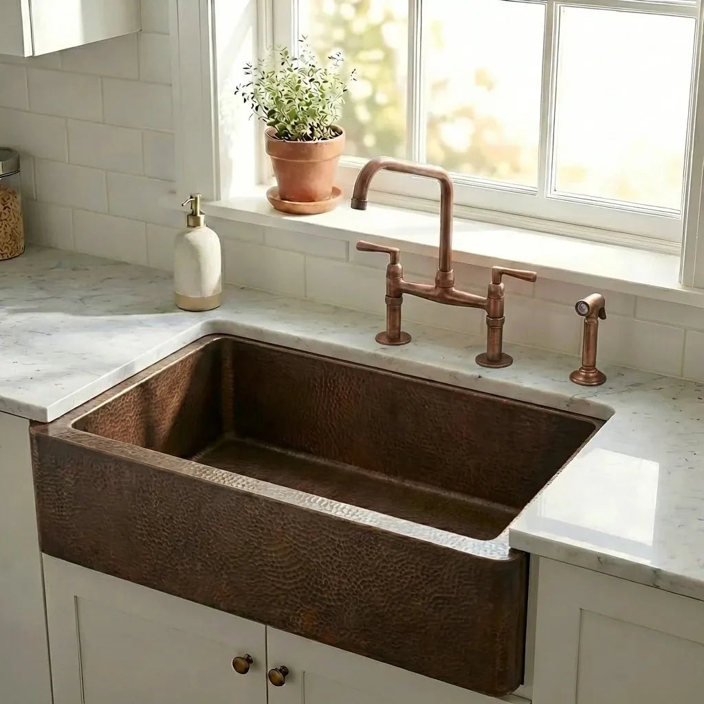 Dark Copper Farmhouse Apron Kitchen Sink with Double Bowl