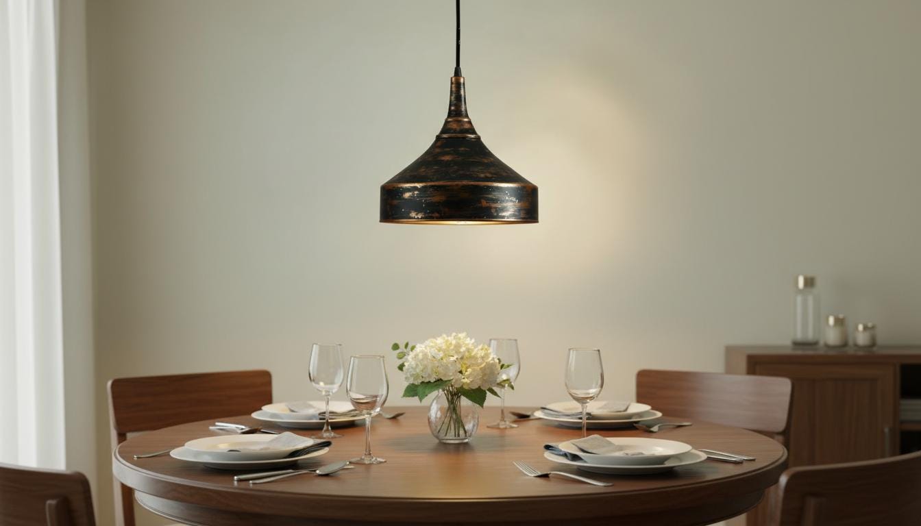 Distressed Black & Antique Copper Dome Pendant - Rustic Ceiling Lamp