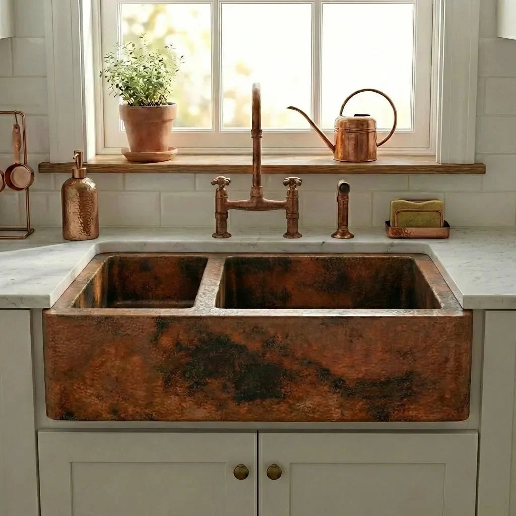 Double Bowl Farmhouse Copper Kitchen Sink for Rustic Elegance