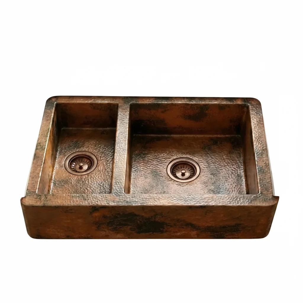 Double Bowl Farmhouse Copper Kitchen Sink for Rustic Elegance