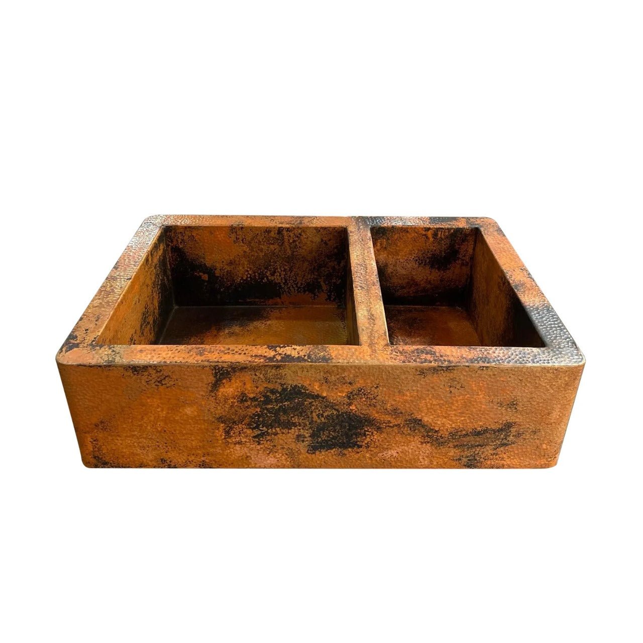 Double Bowl Copper Farmhouse Sink with Rustic Apron Front