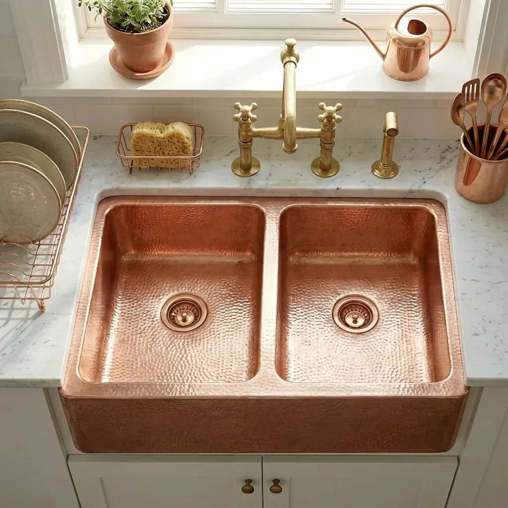 Double Bowl Copper Farmhouse Kitchen Sink with Apron Front