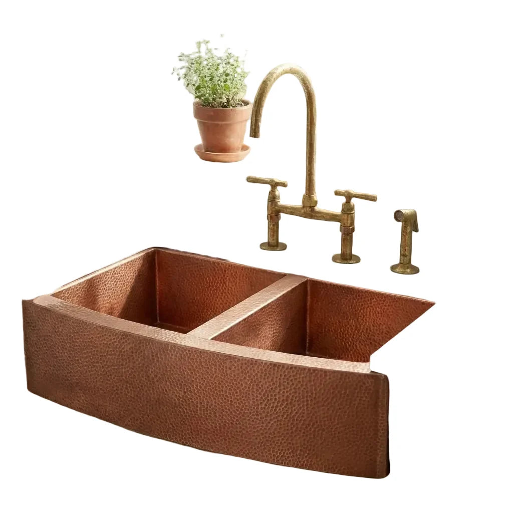 Double-Bowl Hammered Copper Farmhouse Kitchen Sink with Apron