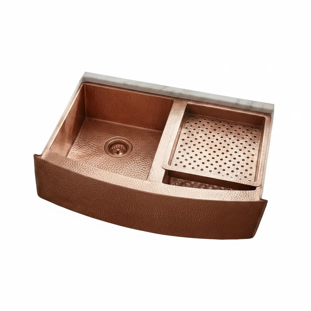 Double-Bowl Hammered Copper Farmhouse Kitchen Sink with Apron