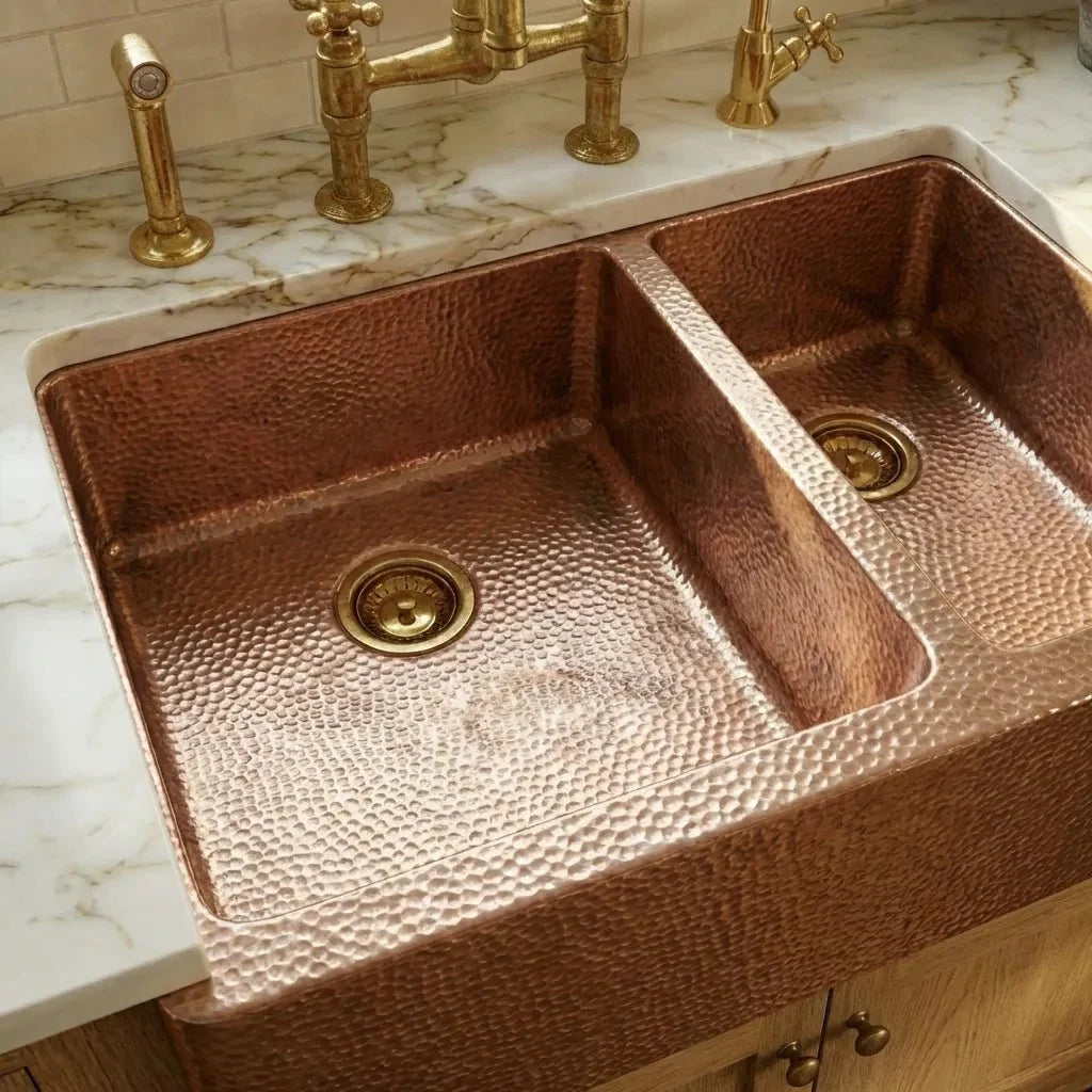 Handmade Copper Double Bowl Farmhouse Sink with Hammered Finish