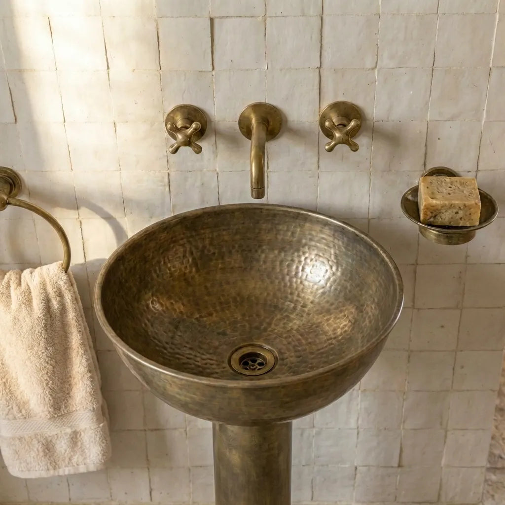 Vintage Hammered Patina Brass Pedestal Sink