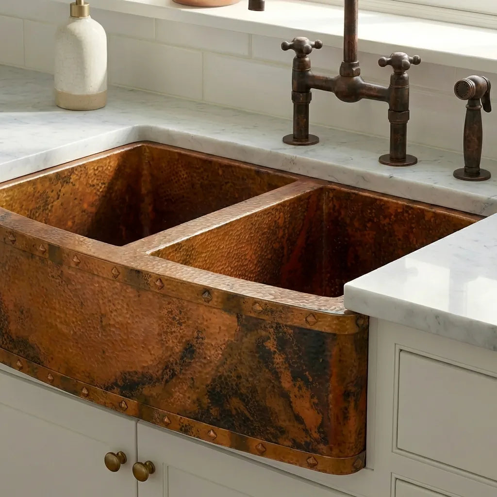 Rounded Copper Farmhouse Double Apron Kitchen Sink - Livra