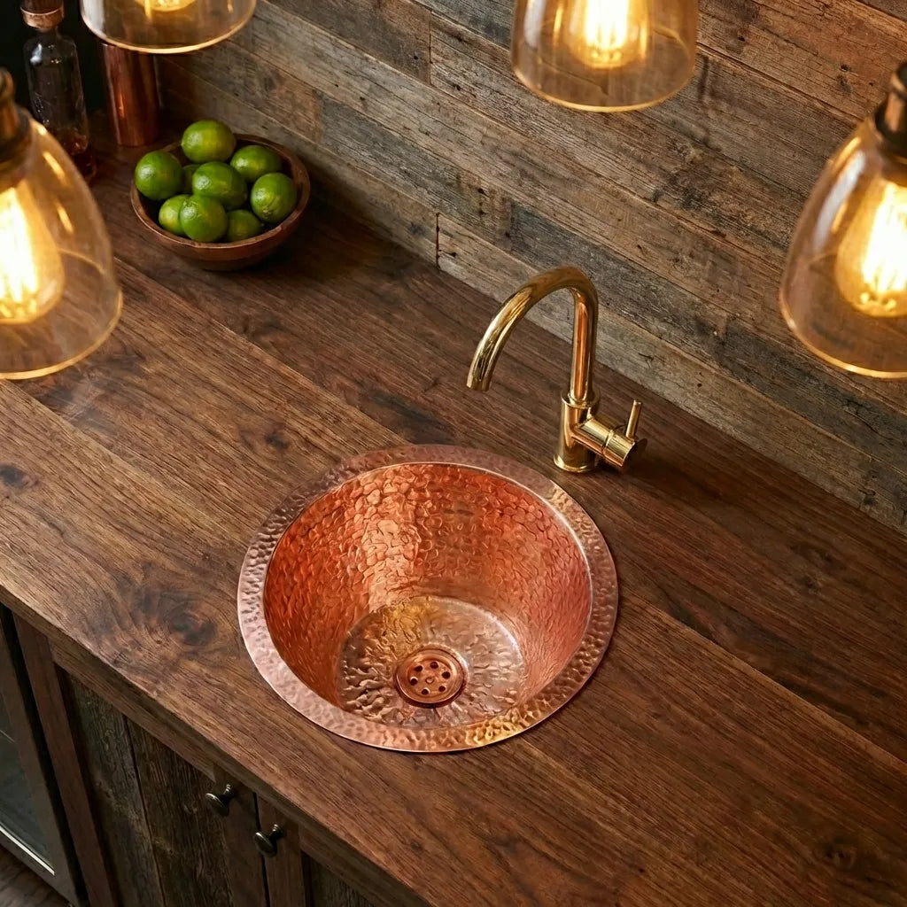 Copper Round Bar Sink, Hammered Copper Round Drum Bar Sink Including Drain