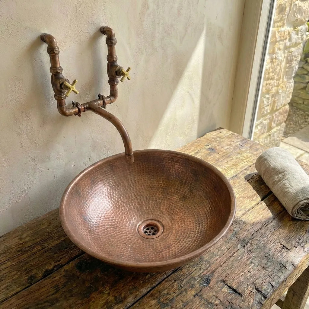 Round Copper Vessel Bathroom Sink, Vessel Hammered Copper Sink