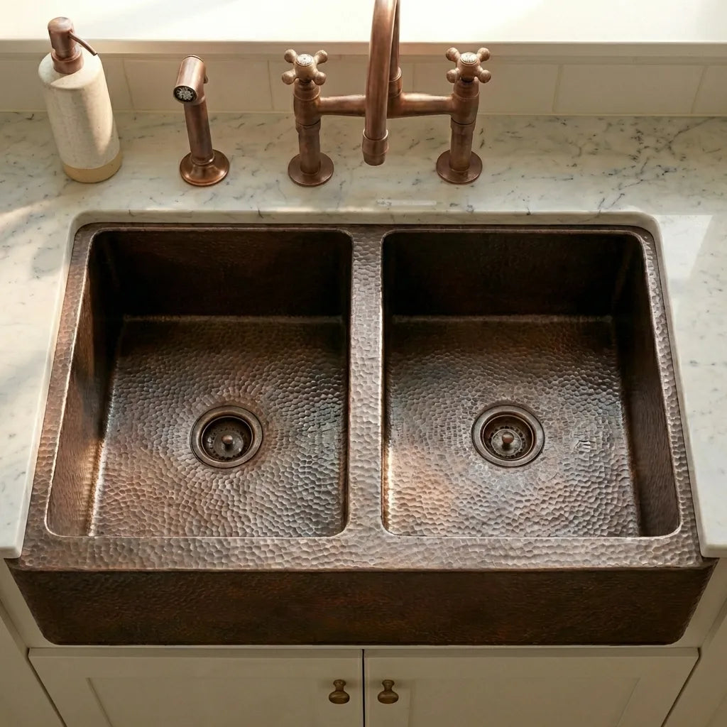 Hammered Copper Double Bowl Farmhouse Sink - Nocturn
