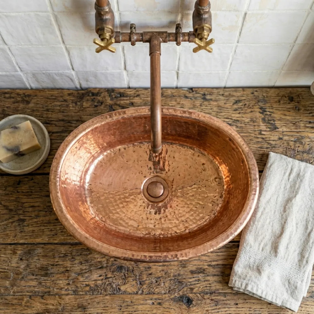 Hammered Copper Oval Vessel Sink – Rustic Tub Style Bathroom Wash Basin