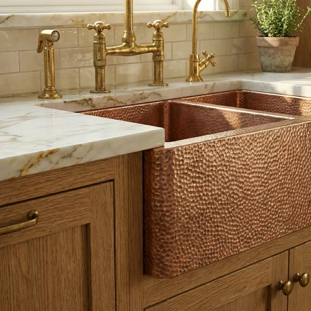 Double-Bowl Hammered Copper farmhouse sink - Small Bowl Right -Solara