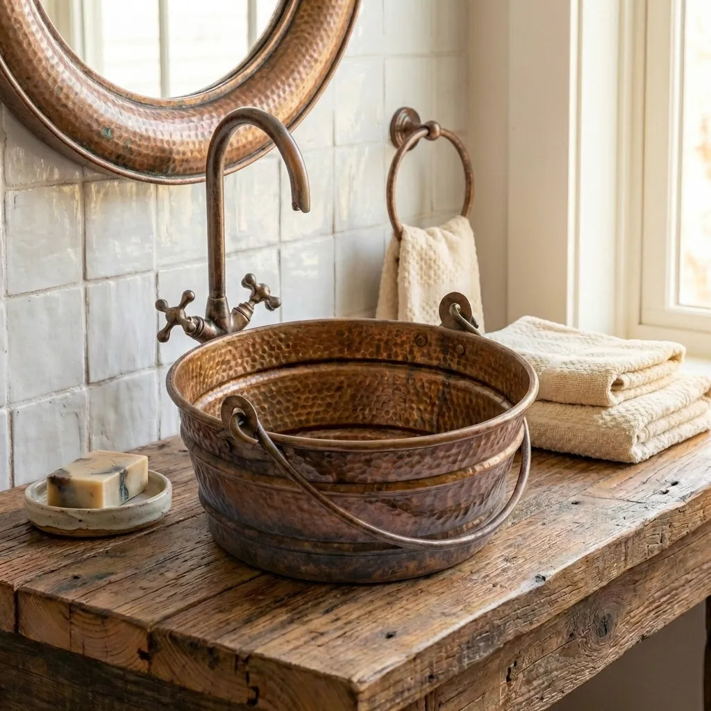 Aged Copper Hammered Bucket Bathroom Sink