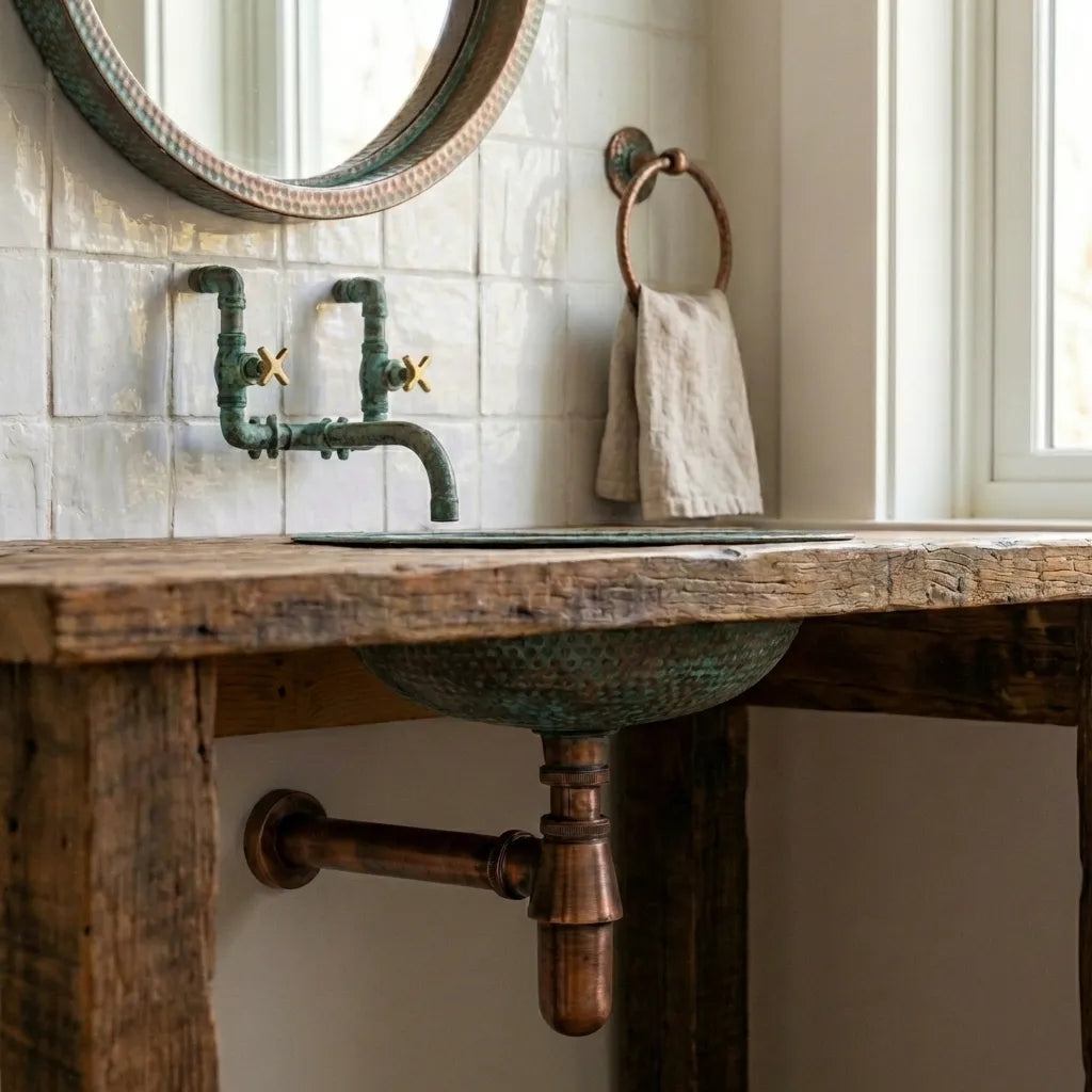 Hammered Green Patina Copper Drop-In Sink – Oxidized Bathroom Vessel Basin