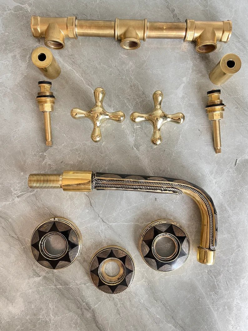 Elegant Wall-Mount Brass Faucet with Black Inlay – Handmade Unlacquered Brass Bathroom Fixture - Brasska