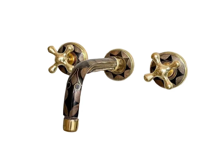 Elegant Wall-Mount Brass Faucet with Black Inlay – Handmade Unlacquered Brass Bathroom Fixture