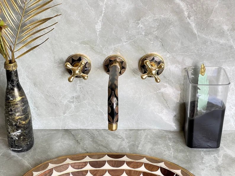 Elegant Wall-Mount Brass Faucet with Black Inlay – Handmade Unlacquered Brass Bathroom Fixture