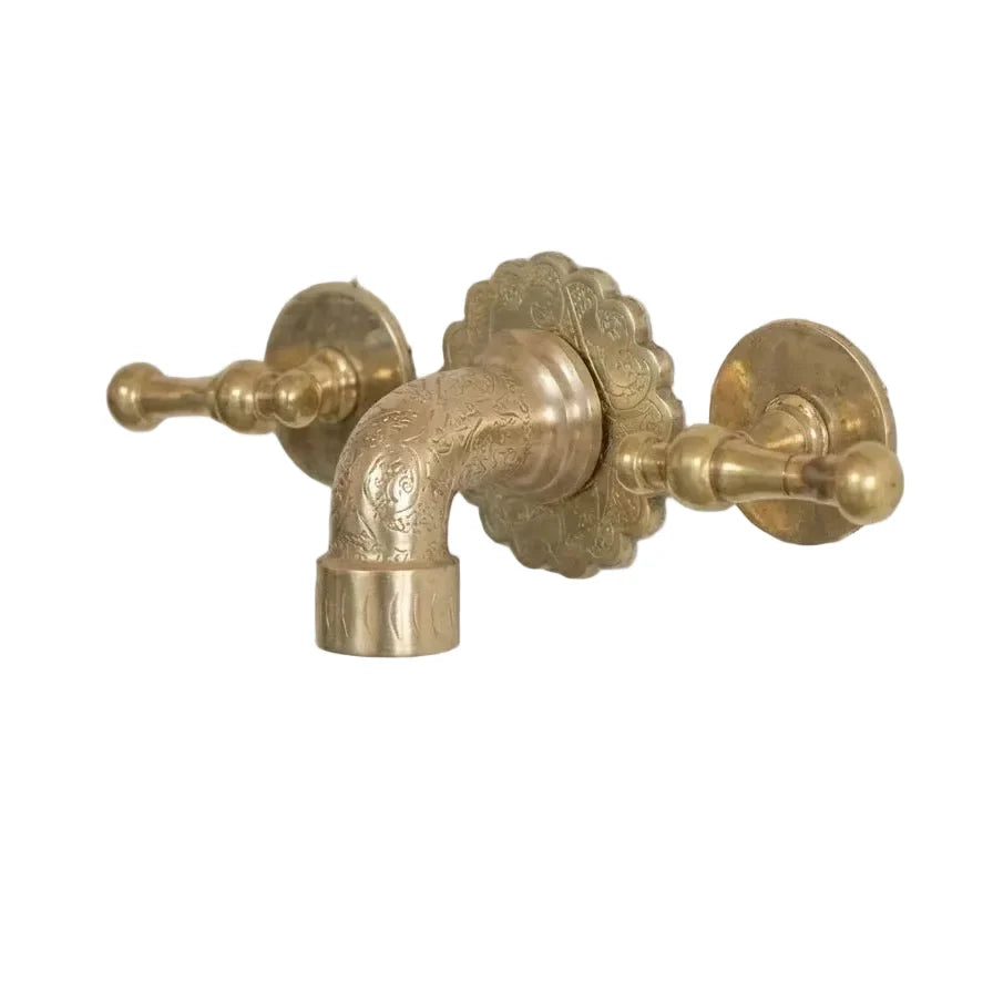 Engraved Brass Wall Faucet Vanity with Lever Handles - Sink Tap