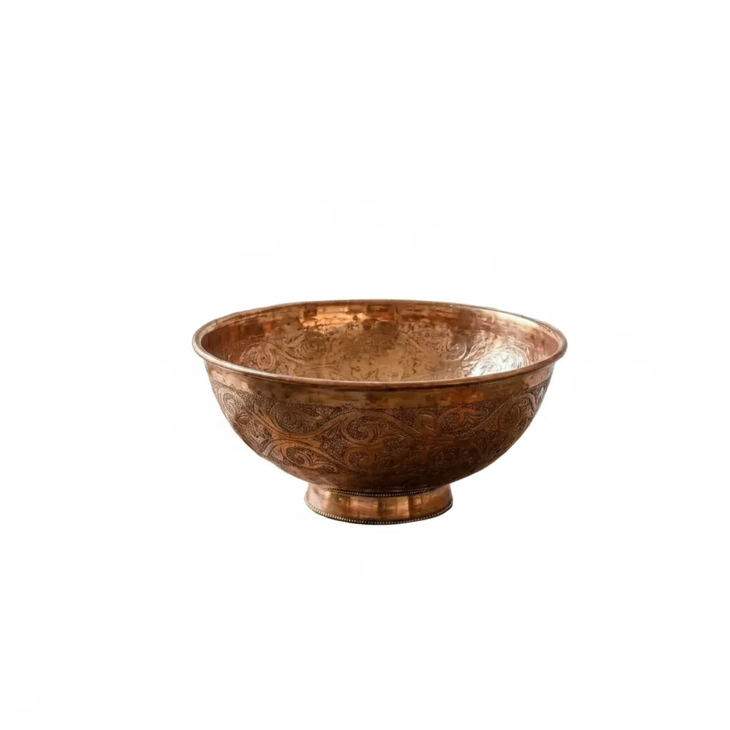 Engraved Copper Vessel Sink – Handmade Round Bathroom Vanity Basin