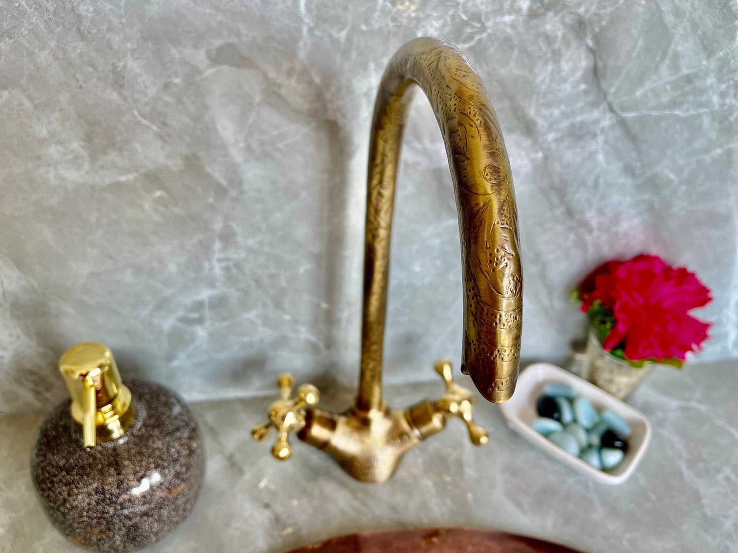 Engraved Unlacquered Brass Gooseneck Faucet - Single Hole Tap