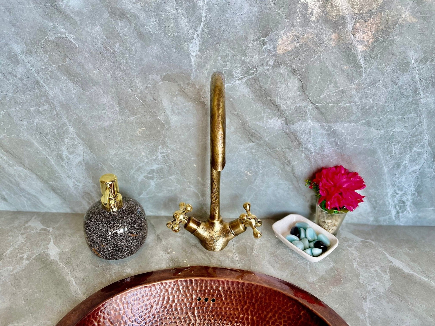 Engraved Unlacquered Brass Gooseneck Faucet - Single Hole Tap